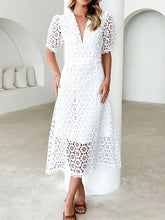 Load image into Gallery viewer, Eyelet Lace V-Neck Midi Dress with Puff Sleeves - florentclothing store
