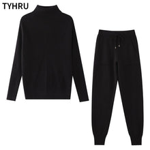 Load image into Gallery viewer, TYHRU Autumn Winter Women tracksuit Solid Color Striped Turtleneck Sweater and Elastic Trousers Suits Knitted Two Piece Set - FlorentClothingStore