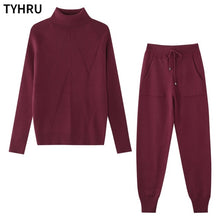 Load image into Gallery viewer, TYHRU Autumn Winter Women tracksuit Solid Color Striped Turtleneck Sweater and Elastic Trousers Suits Knitted Two Piece Set - FlorentClothingStore
