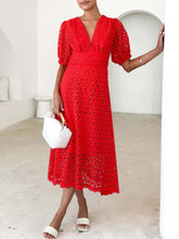Load image into Gallery viewer, Eyelet Lace V-Neck Midi Dress with Puff Sleeves
