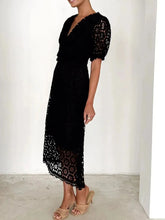 Load image into Gallery viewer, Eyelet Lace V-Neck Midi Dress with Puff Sleeves
