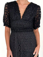 Load image into Gallery viewer, Eyelet Lace V-Neck Midi Dress with Puff Sleeves
