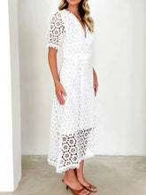 Load image into Gallery viewer, Eyelet Lace V-Neck Midi Dress with Puff Sleeves
