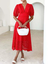 Load image into Gallery viewer, Eyelet Lace V-Neck Midi Dress with Puff Sleeves
