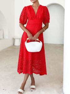 Eyelet Lace V-Neck Midi Dress with Puff Sleeves