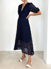 Load image into Gallery viewer, Eyelet Lace V-Neck Midi Dress with Puff Sleeves

