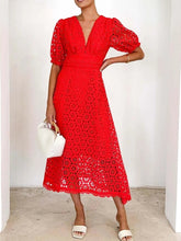 Load image into Gallery viewer, Eyelet Lace V-Neck Midi Dress with Puff Sleeves
