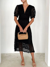 Load image into Gallery viewer, Eyelet Lace V-Neck Midi Dress with Puff Sleeves
