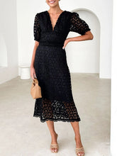 Load image into Gallery viewer, Eyelet Lace V-Neck Midi Dress with Puff Sleeves
