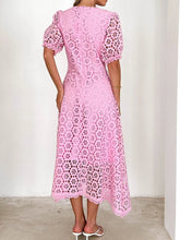 Load image into Gallery viewer, Eyelet Lace V-Neck Midi Dress with Puff Sleeves
