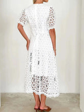 Load image into Gallery viewer, Eyelet Lace V-Neck Midi Dress with Puff Sleeves
