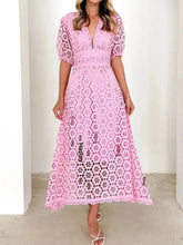 Load image into Gallery viewer, Eyelet Lace V-Neck Midi Dress with Puff Sleeves
