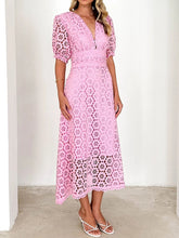 Load image into Gallery viewer, Eyelet Lace V-Neck Midi Dress with Puff Sleeves
