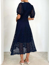 Load image into Gallery viewer, Eyelet Lace V-Neck Midi Dress with Puff Sleeves

