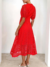 Load image into Gallery viewer, Eyelet Lace V-Neck Midi Dress with Puff Sleeves
