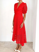 Load image into Gallery viewer, Eyelet Lace V-Neck Midi Dress with Puff Sleeves
