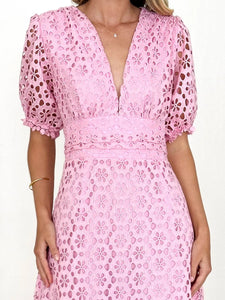 Eyelet Lace V-Neck Midi Dress with Puff Sleeves