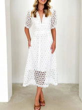 Load image into Gallery viewer, Eyelet Lace V-Neck Midi Dress with Puff Sleeves
