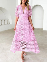 Load image into Gallery viewer, Eyelet Lace V-Neck Midi Dress with Puff Sleeves
