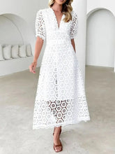 Load image into Gallery viewer, Eyelet Lace V-Neck Midi Dress with Puff Sleeves
