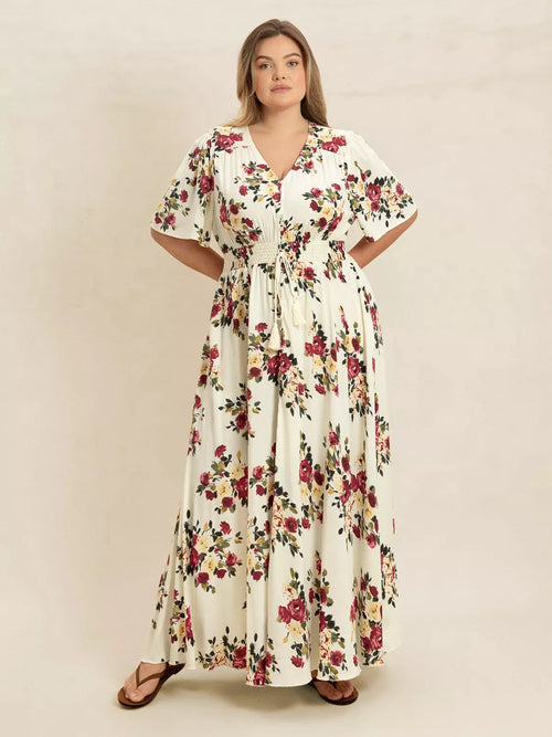 Plus Size Floral Flutter Sleeve Maxi Dress with Button Front - florentclothing store 