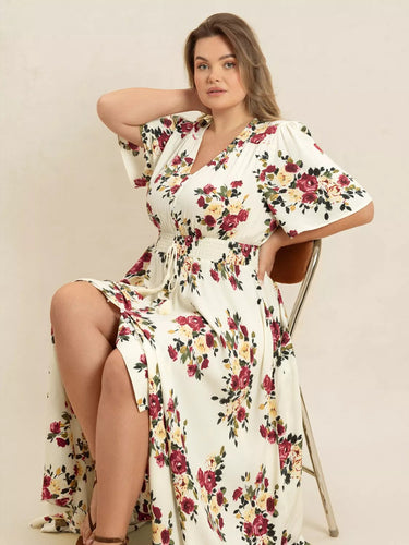 Plus Size Floral Flutter Sleeve Maxi Dress with Button Front - florentclothing store 