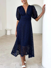 Load image into Gallery viewer, Eyelet Lace V-Neck Midi Dress with Puff Sleeves
