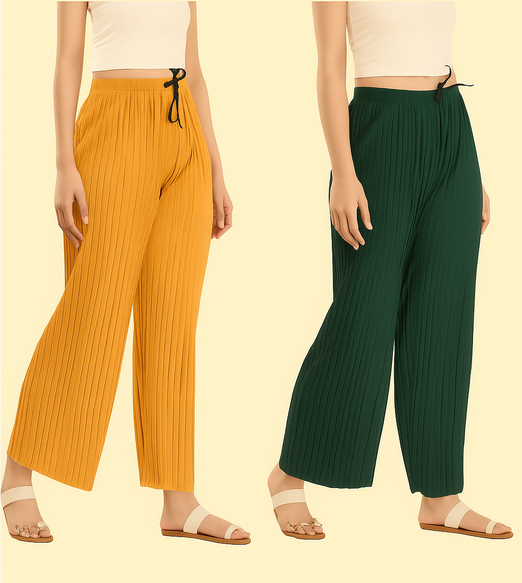 Women Relaxed Polyester Trousers-Yellow & Green (Size-M)