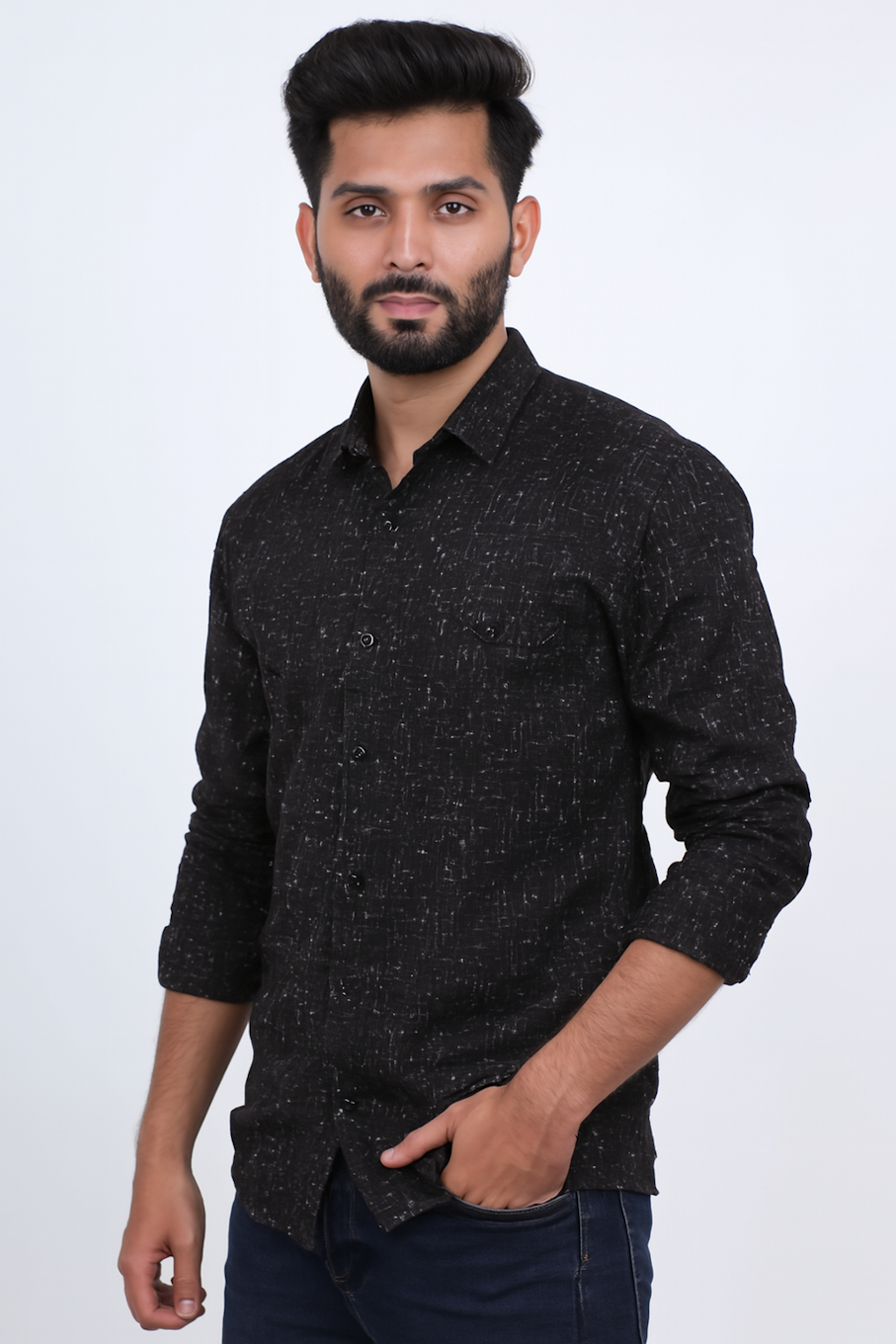 Men Printed Full Sleeve Formal Shirt-Black (Size-L)