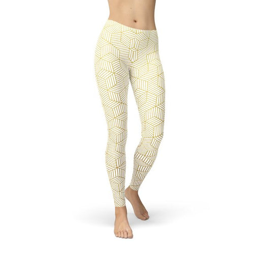 Womens White Leggings w/ Geometric Cubes - florentclothing store 