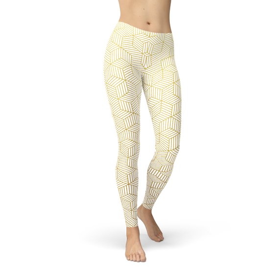 Womens White Leggings w/ Geometric Cubes - florentclothing store 