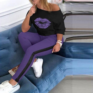 Women Tracksuit Sexy Lips Print Off Shoulder Top Sweatpants Two Piece Set 2020 New Summer Casual Outfits Jogger Overalls Clothes - FlorentClothingStore 