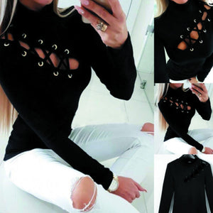 Women Sexy Hollow Out Slim Fit Long Sleeve Slim Fashion Evening Party Club Wear Casual Round Neck T-Shirt Tops - FlorentClothingStore 