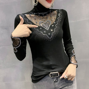 New 2022 Spring Autumn Long Sleeve T-Shirt Fashion Casual Turtleneck Diamond Woman T - FlorentClothingStore 