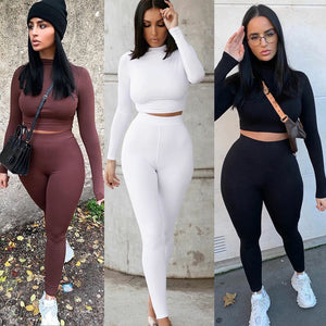 Two Piece Sets Women Solid Autumn Tracksuits High Waist Stretchy Sportswear Hot Crop Tops And Leggings Matching Outfits - FlorentClothingStore 