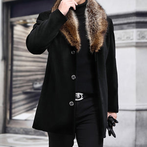 Winter Men Long Woolen Coat Fur Collar Warm Male Solid Slim Casual Windbreaker Jacket Autumn