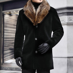 Winter Men Long Woolen Coat Fur Collar Warm Male Solid Slim Casual Windbreaker Jacket Autumn