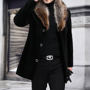 Winter Men Long Woolen Coat Fur Collar Warm Male Solid Slim Casual Windbreaker Jacket Autumn