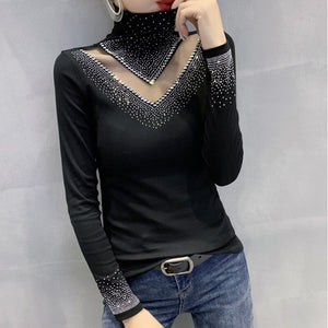 New 2022 Spring Autumn Long Sleeve T-Shirt Fashion Casual Turtleneck Diamond Woman T - FlorentClothingStore 