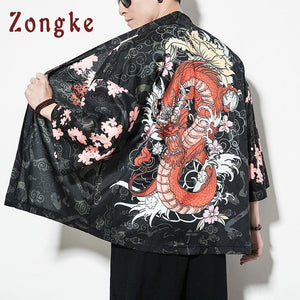 Zongke Chinese Style Dragon Kimono Cardigan Men Shirt Hip Hop Streetwear - FlorentClothingStore 