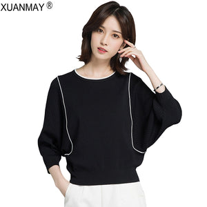 2021 Brand Design Casual Pullover Sweater Spring women lace stitching Knit Sweater Elegant leopard print Black Knitting Top - FlorentClothingStore 