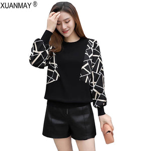 2021 Brand Design Casual Pullover Sweater Spring women lace stitching Knit Sweater Elegant leopard print Black Knitting Top - FlorentClothingStore 