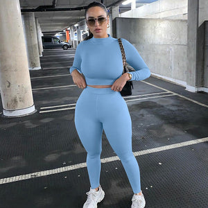 Two Piece Sets Women Solid Autumn Tracksuits High Waist Stretchy Sportswear Hot Crop Tops And Leggings Matching Outfits - FlorentClothingStore 