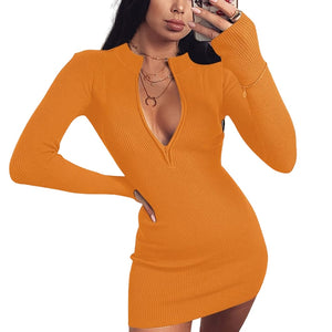 Ladies Elegant Dress for Women 2022 Fashion Half-Zip Long Sleeve Ribbed Knitted Bodycon Dress Spring - FlorentClothingStore 