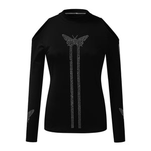 Fashion Butterfly Diamonds Blouse Shirt Sexy Cold Shoulder Tops Tee Casual Ladies Tops Female Women Long Sleeve Blusas Pullover - FlorentClothingStore 