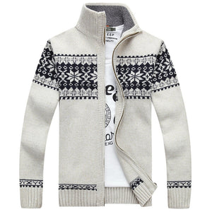 Winter Men&#39;s Jacquard Sweater Coat Christmas snowflake print Knitted Cardigan Turtleneck Full Zip Casual Warm Wool Sweater 5XL - FlorentClothingStore 