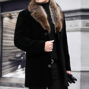 Winter Men Long Woolen Coat Fur Collar Warm Male Solid Slim Casual Windbreaker Jacket Autumn