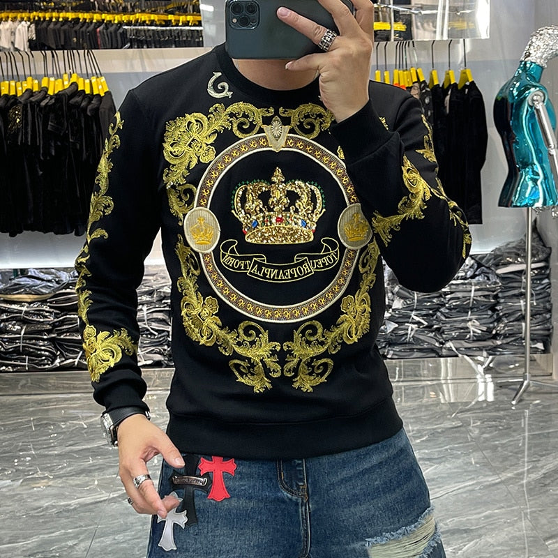 Baroque Sequin Crown Club Cotton Sweat Homme Harajuku Sweatshirt Luxury Gold Black