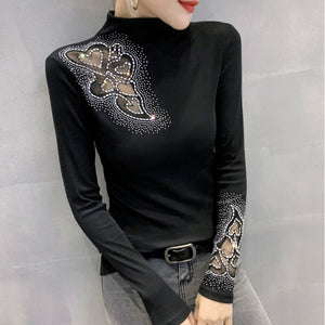 New 2022 Spring Autumn Long Sleeve T-Shirt Fashion Casual Turtleneck Diamond Woman T - FlorentClothingStore 