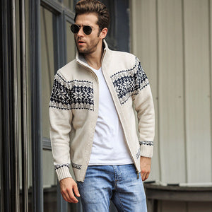 Winter Men&#39;s Jacquard Sweater Coat Christmas snowflake print Knitted Cardigan Turtleneck Full Zip Casual Warm Wool Sweater 5XL - FlorentClothingStore 